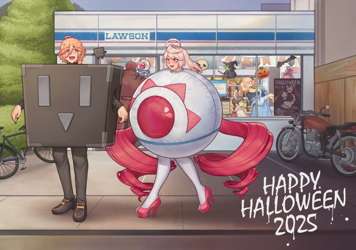 shg (hiomaika), akikoloid-chan, cubi (vocaloid), haruno sora, kaai yuki, maika (vocaloid), yohioloid, lawson, vocaloid, voicepeak, character request, commentary, english commentary, 2025, 2boys, 4girls, ahoge, animal ear hairband, animal ears, bicycle, black hair, black nails, black pants, blonde hair, blue dress, convenience store, cosplay, cubi (vocaloid) (cosplay), curly hair, dress, facial mark, fake animal ears, fuiro, glasses, gradient hair, hair bun, hairband, halloween, happy halloween, haruno sora (voicepeak), high heels, jack-o'-lantern, long hair, low twintails, motor vehicle, motorcycle, multicolored hair, multiple boys, multiple girls, open mouth, pants, pink eyes, pink hair, pink shoes, rabbit ears, red eyes, red hair, shoes, shop, short hair, skull, socks, twintails, white hair, white socks