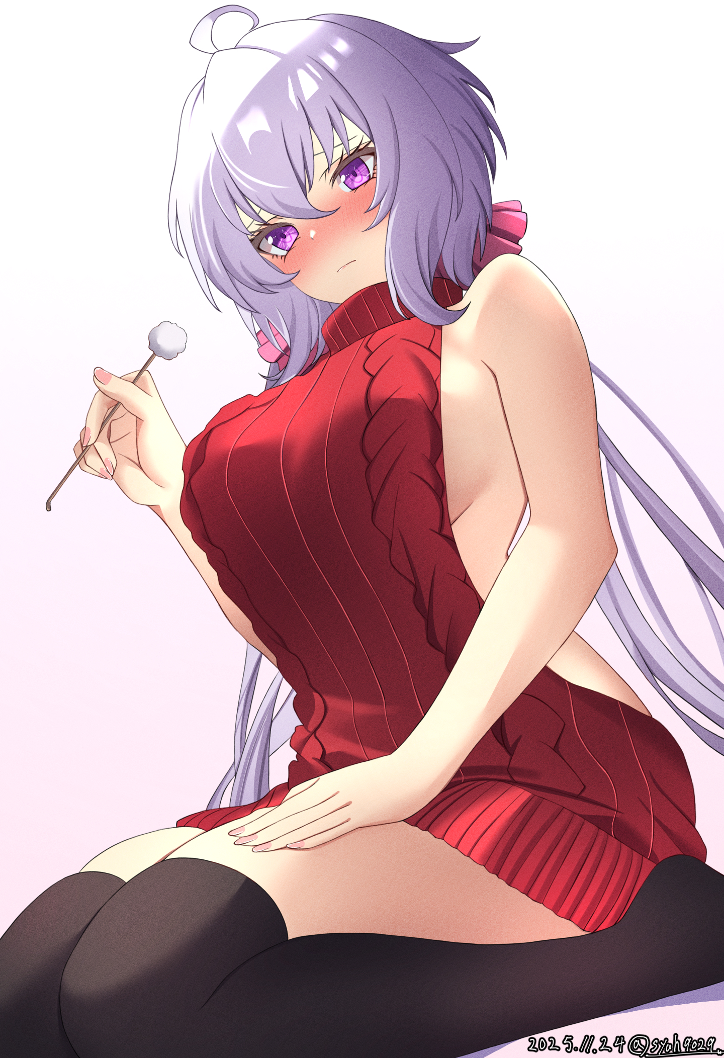 oilen0731, yukine chris, senki zesshou symphogear, commentary request, highres, 1girl, ahoge, black thighhighs, blush, breasts, dated, holding, large breasts, long hair, mimikaki, purple eyes, red sweater, sideboob, simple background, sitting, sweater, thighhighs, turtleneck, turtleneck sweater, twitter username, very long hair, virgin killer sweater, wariza, white background, white hair