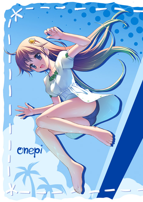 takoyaki (roast), original, barefoot, dress, feet, hair ornament, legs, long hair, solo