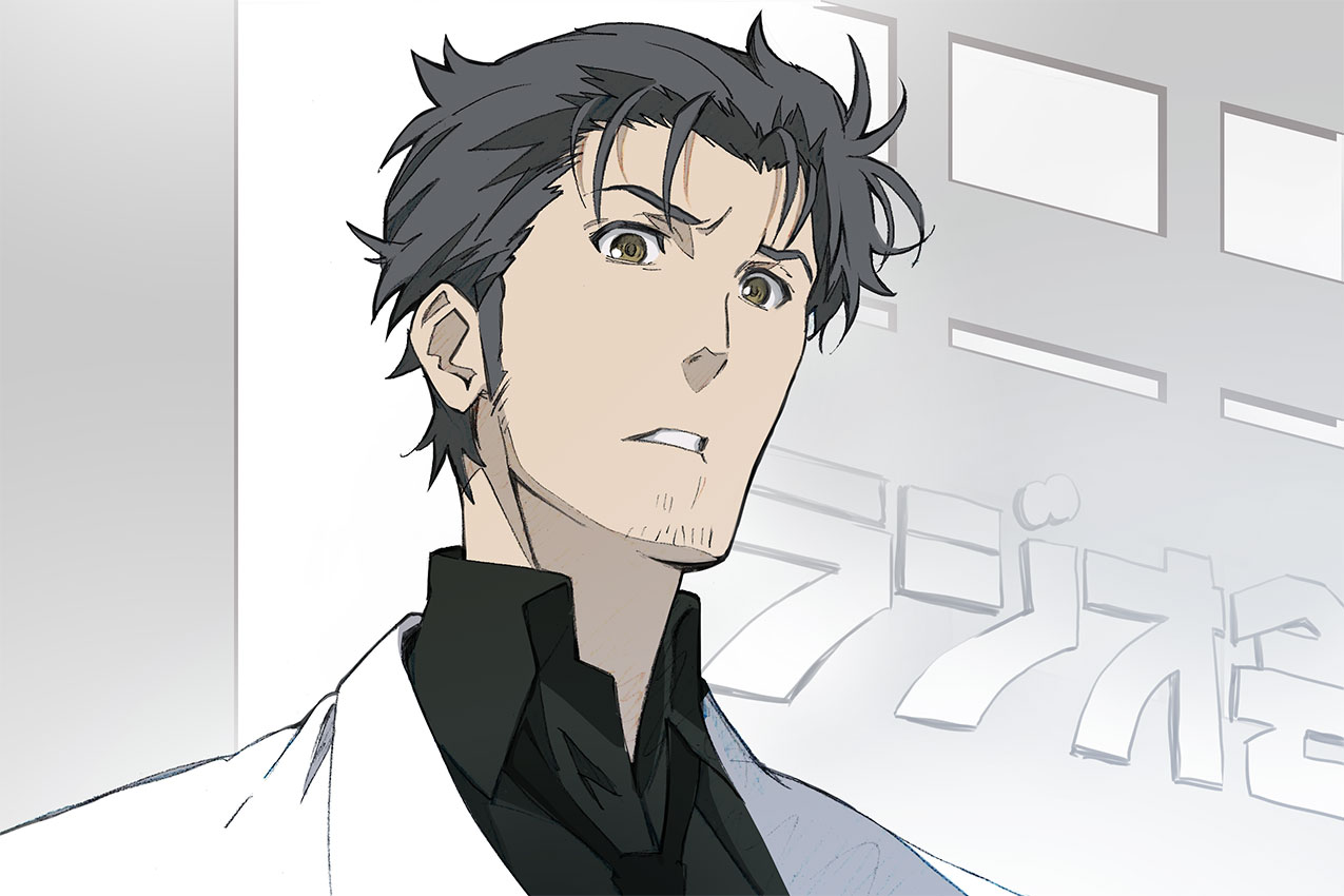 ny0r0ny0r0, okabe rintarou, okabe rintarou (beta), science adventure, steins;gate, steins;gate 0, commentary request, 1boy, black hair, clenched teeth, collared shirt, lab coat, looking at viewer, male focus, open collar, parted lips, shirt, short hair, solo, surprised, teeth, upper body
