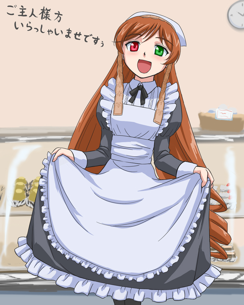 kurai (cry), suiseiseki, rozen maiden, translation request, bakery, black pantyhose, brown hair, clothes lift, cosplay, dress, headscarf, heterochromia, long hair, maid, pantyhose, shop, skirt, skirt hold, skirt lift, solo, standing, very long hair, white headscarf