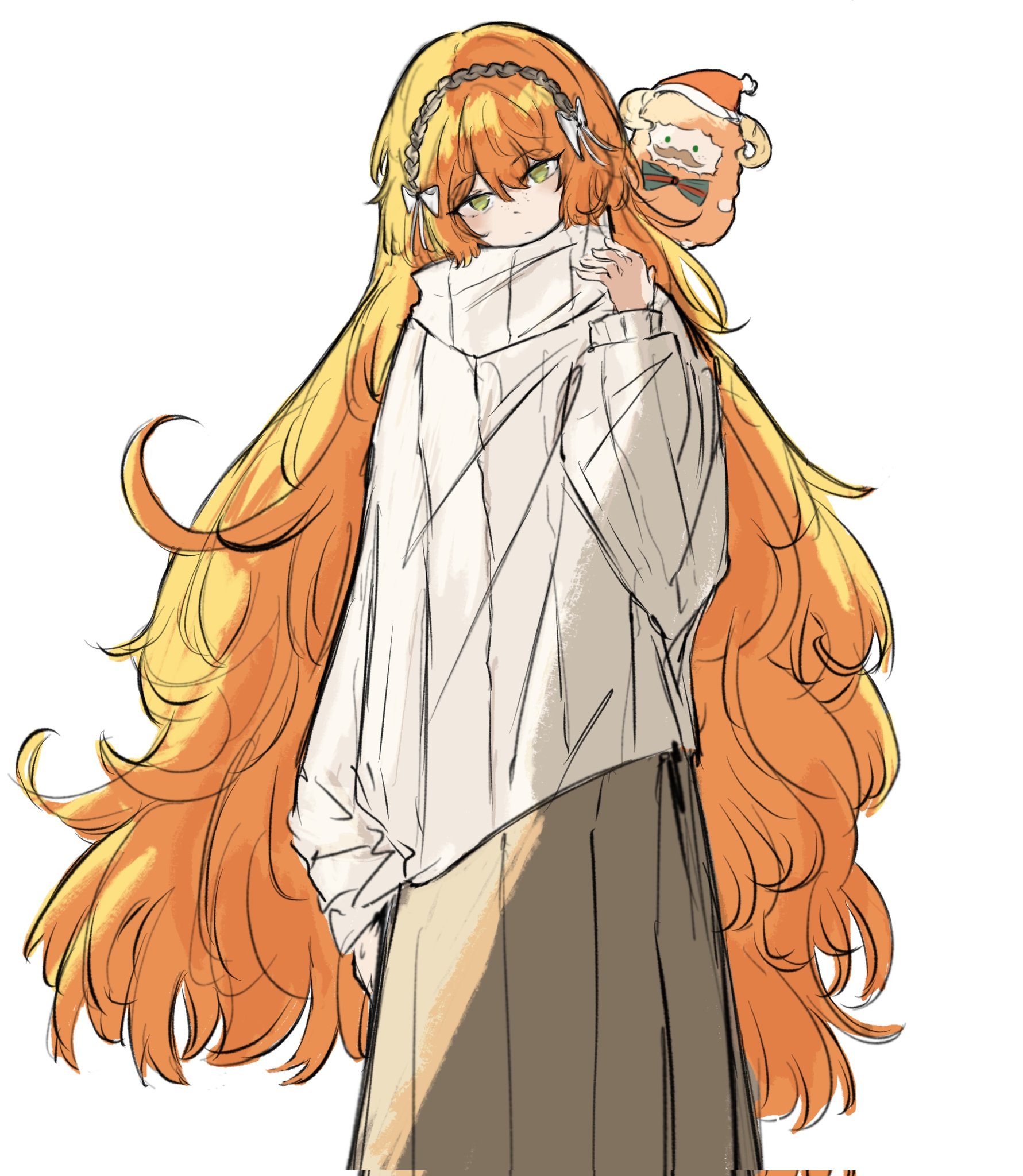 ishmael (project moon), limbus company, project moon, hashtag-only commentary, highres, 1girl, blush, bow, brown hairband, brown skirt, christmas nightmare (e.g.o), closed mouth, e.g.o (project moon), hair bow, hairband, hand up, long hair, long sleeves, looking at viewer, orange hair, puffy long sleeves, puffy sleeves, ribbed sweater, rope, rugatu to, sidelocks, simple background, skirt, solo, stuffed animal, stuffed sheep, stuffed toy, sweater, very long hair, white background, white bow, white sweater