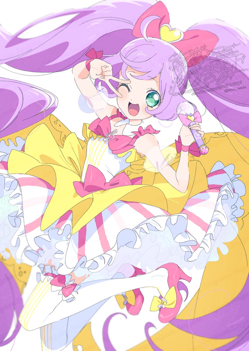 serizawa serizane, manaka laala, pretty series, pripara, highres, 1girl, ;d, ahoge, bow, bow legwear, collar, detached collar, detached sleeves, dress, dress bow, footwear bow, frilled dress, frilled thigh strap, frills, green eyes, hair bow, holding, holding microphone, idol, long hair, looking at viewer, microphone, multicolored dress, one eye closed, open mouth, pink bow, pink dress, pink ribbon, pink shoes, puffy detached sleeves, puffy sleeves, purple hair, ribbon, see-through clothes, see-through sleeves, shoes, sleeveless, sleeveless dress, smile, solo, striped clothes, striped dress, thigh strap, thighhighs, twintails, v, v over eye, very long hair, white collar, white dress, white thighhighs, wrist ribbon, yellow bow, yellow dress