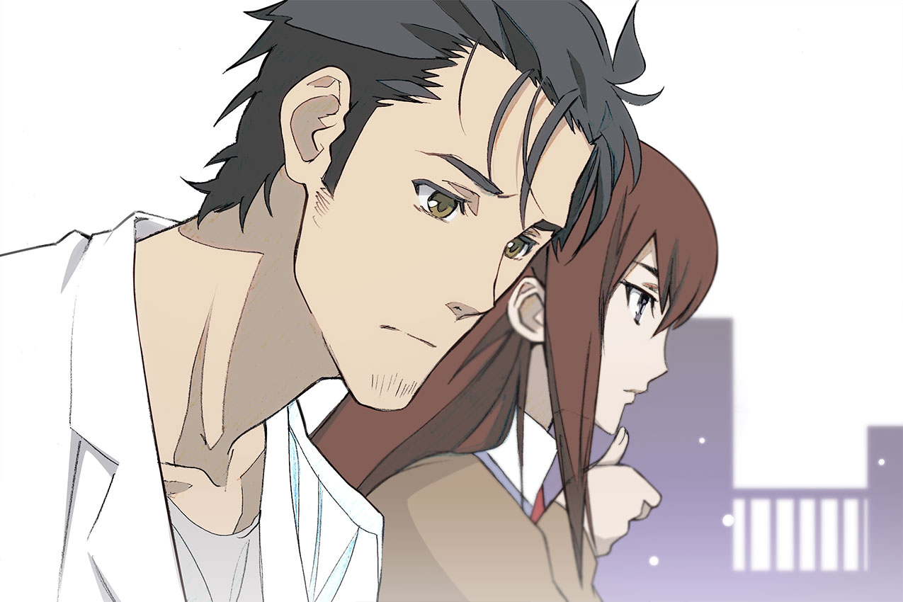 ny0r0ny0r0, makise kurisu, okabe rintarou, science adventure, steins;gate, commentary request, 1boy, 1girl, beard stubble, black hair, brown hair, brown jacket, collarbone, expressionless, facial hair, grey shirt, jacket, lab coat, long hair, necktie, red necktie, shirt, short hair, stubble, t-shirt, worried