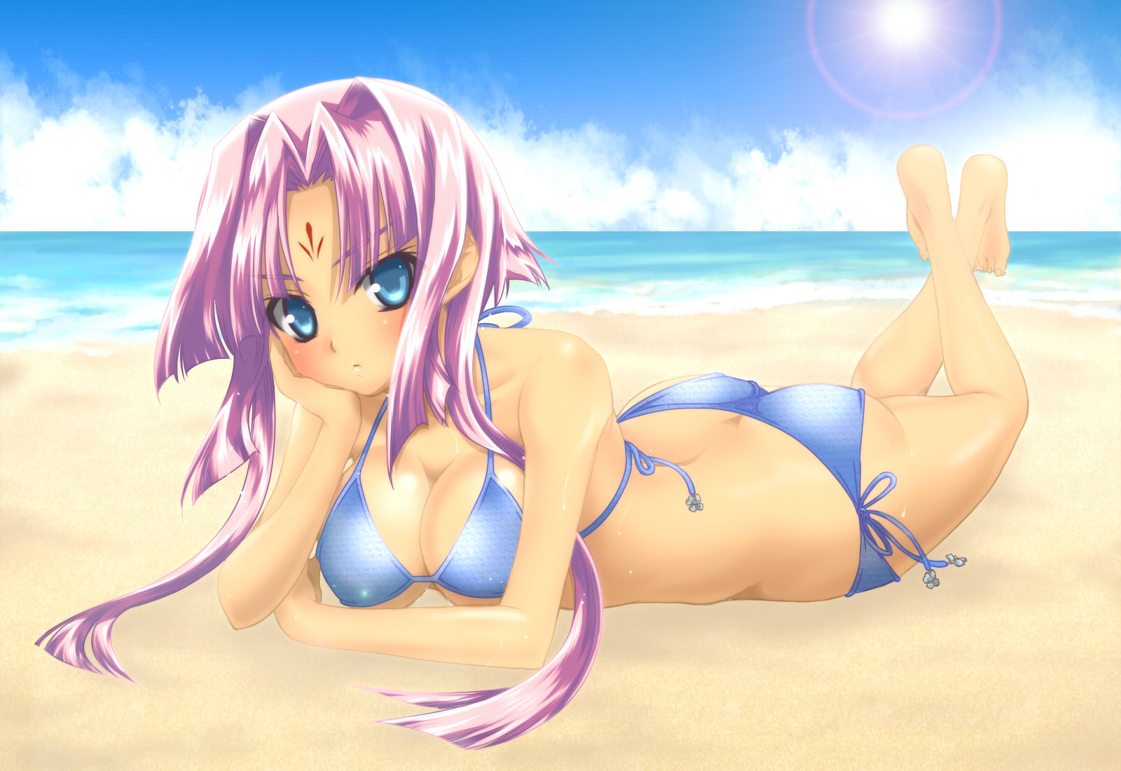 minose, minose (phe), sonken (koihime musou), koihime musou, highres, 00s, 1girl, ass, beach, bikini, blue eyes, blush, breasts, cleavage, day, large breasts, lying, outdoors, purple hair, short hair, side-tie bikini bottom, swimsuit