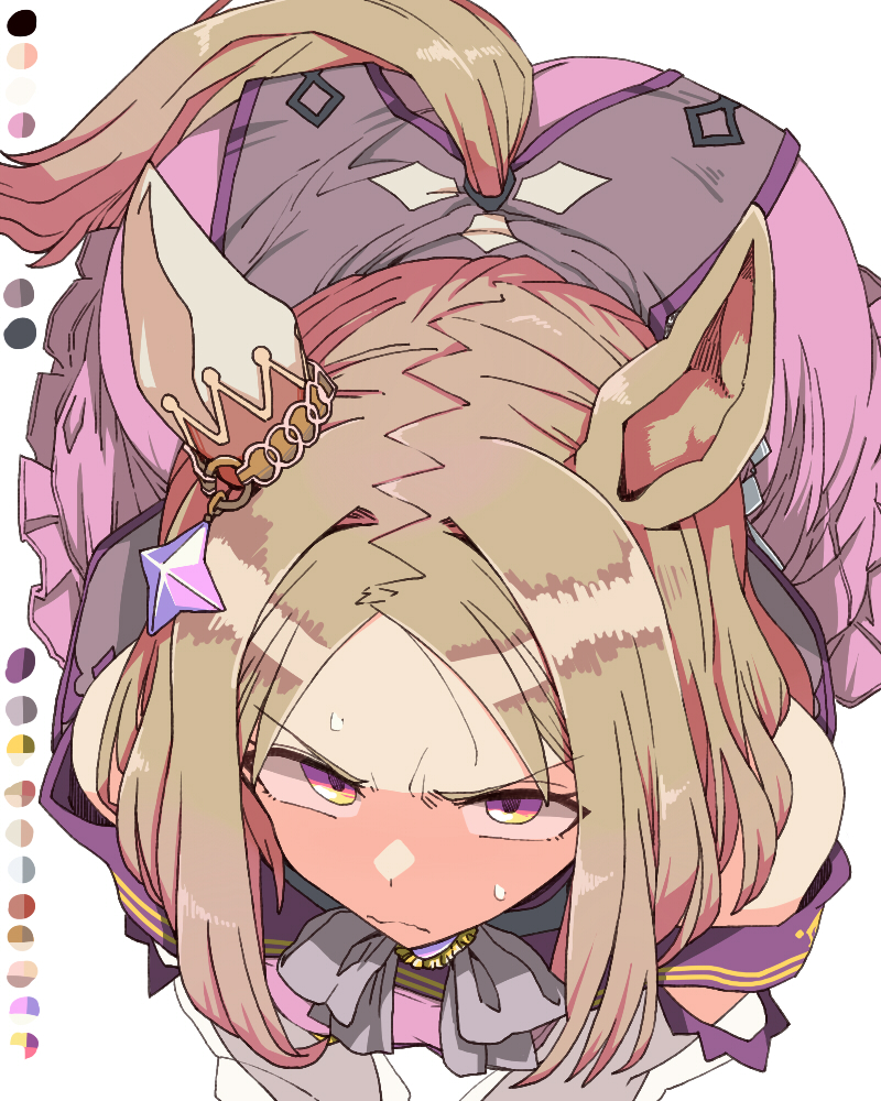 toriga naku, narita top road (the proud road) (umamusume), narita top road (umamusume), umamusume, commentary request, 1girl, animal ears, ass, bare shoulders, blonde hair, blush, closed mouth, dress, ear covers, ear ornament, gradient eyes, horse ears, horse girl, horse tail, long sleeves, looking at viewer, multicolored eyes, purple dress, purple eyes, short hair, single ear cover, solo, sweat, tail