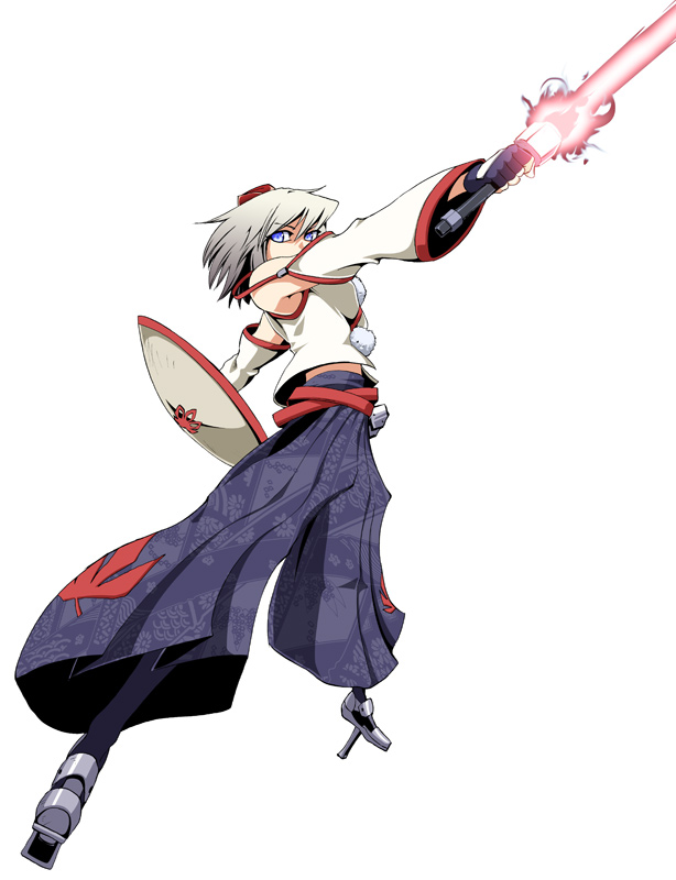 aka ringo, azuma shoujuan, inubashiri momiji, touhou, 1girl, blue eyes, blue hakama, detached sleeves, energy sword, female focus, fingerless gloves, geta, gloves, grey eyes, hakama, hakama skirt, japanese clothes, lightsaber, shield, skirt, solo, sword, tengu-geta, weapon