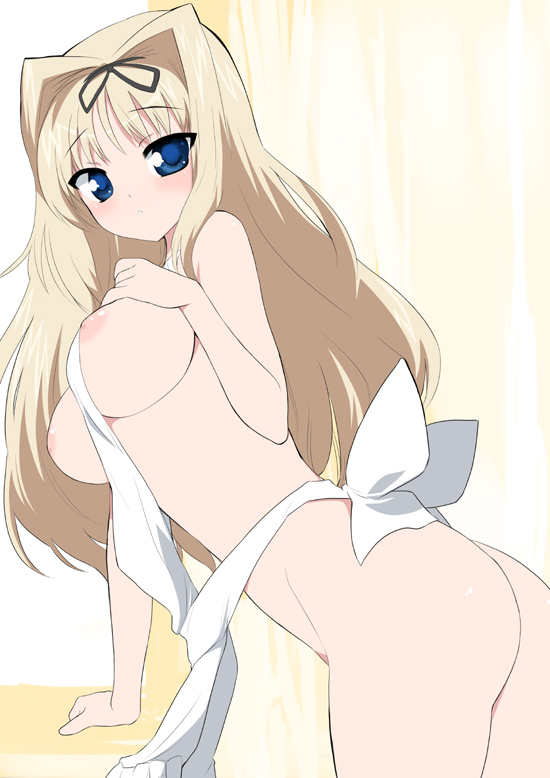 kusaka souji, kusugawa sasara, to heart (series), to heart 2, 00s, 1girl, apron, blonde hair, blue eyes, blush, breasts, female focus, long hair, looking back, naked apron, nipples, ribbon, solo