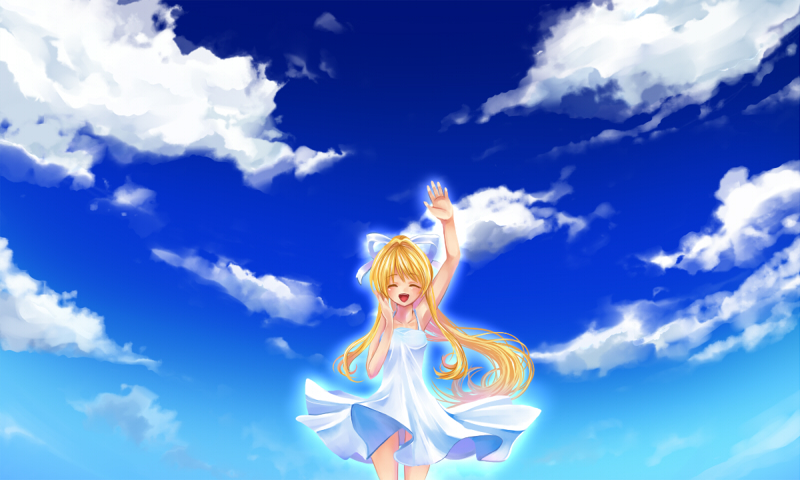 haou, kamio misuzu, air (visual novel), bad id, bad pixiv id, 00s, 1girl, blonde hair, closed eyes, cloud, day, dress, female focus, long hair, ponytail, solo, sundress, very long hair, waving