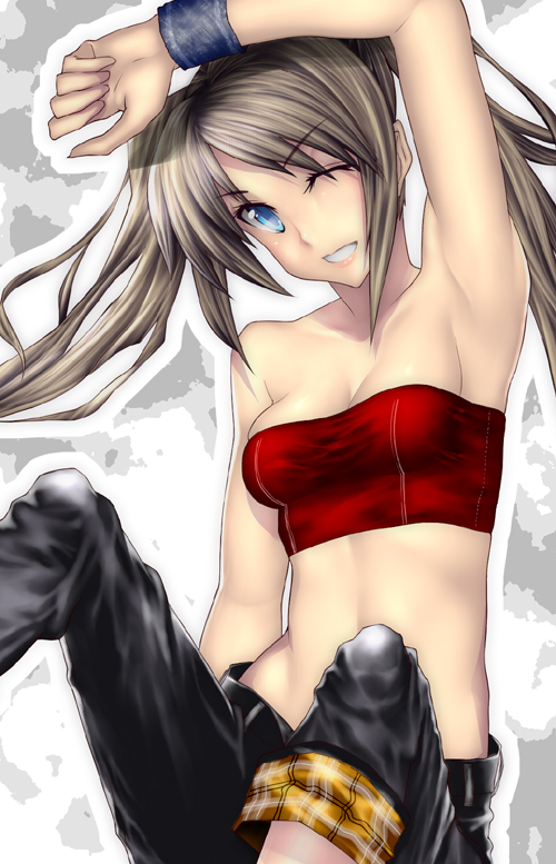 tobimaru, original, 1girl, armpits, bandeau, breasts, female focus, one eye closed, solo, strapless, tube top, twintails, wink