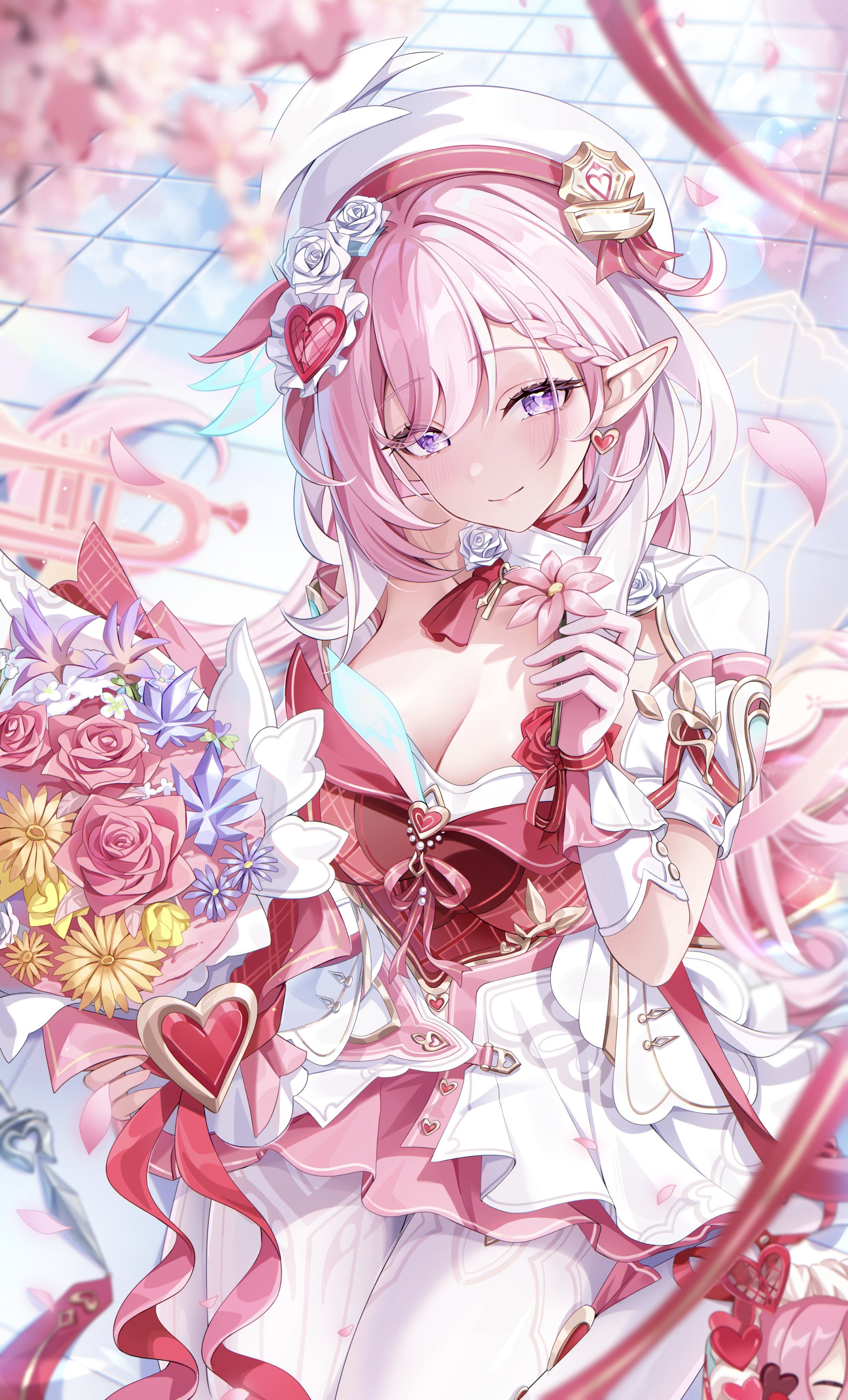 aida noa, elysia (hi love elf) (honkai impact), elysia (honkai impact), honkai (series), honkai impact 3rd, absurdres, commentary request, highres, 1girl, beret, blurry, blurry foreground, blush, bouquet, braid, braided bangs, breasts, cleavage, closed mouth, collarbone, diamond-shaped pupils, diamond (shape), dress, earrings, flower, gloves, hair ornament, hand up, hat, heart, heart earrings, heart hair ornament, holding, holding bouquet, holding flower, jewelry, large breasts, long hair, looking at viewer, pantyhose, pink hair, pink petals, pointy ears, purple eyes, single glove, sitting, smile, solo, symbol-shaped pupils, white dress, white gloves, white hat, white pantyhose