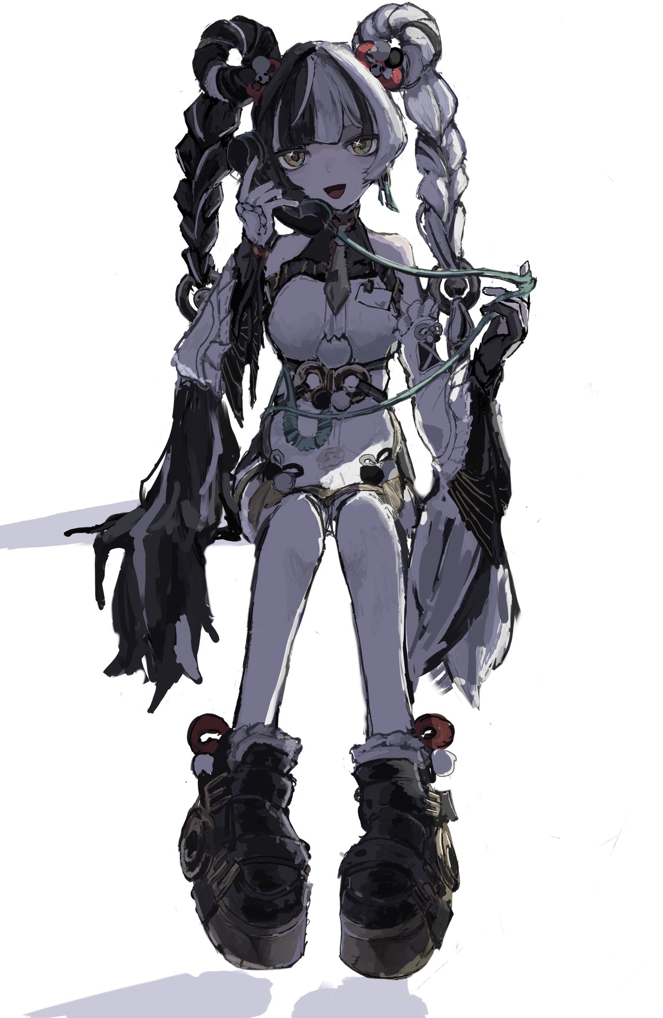 dialyn (zenless zone zero), zenless zone zero, commentary request, highres, 1girl, apapapapapaaaap, bare shoulders, black hair, black shoes, braid, braided twintails, china dress, chinese clothes, corded phone, detached sleeves, dress, earrings, full body, hair extensions, hair ornament, holding, holding phone, id card, invisible chair, jewelry, long hair, looking at viewer, multicolored hair, necktie, open mouth, panda hair ornament, phone, ring hair extensions, shadow, shoes, simple background, sitting, solo, sparkling eyes, split-color hair, thighhighs, white background, white dress, white hair, white thighhighs, wire, yellow eyes, yellow necktie