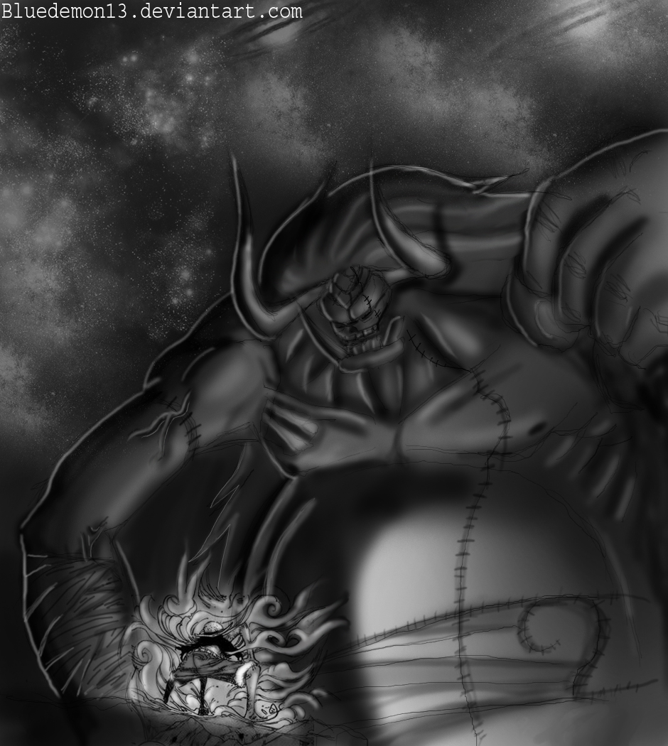 bluedemon13, monkey d. luffy, oars, oars (one piece), one piece, bad source, self-upload, 1boy, 2boys, bandages, barefoot, belt, clenched hand, dark, demon, denim, denim shorts, dual persona, epic, fighting, fighting stance, giant, greyscale, hat, horns, male focus, monochrome, monster, multiple boys, muscular, night, night sky, pirate, rubber, scar, shorts, size difference, sky, smoke, spread legs, squatting, standing, star (symbol), stitches, straw hat, thriller bark, tusks, vest, zombie