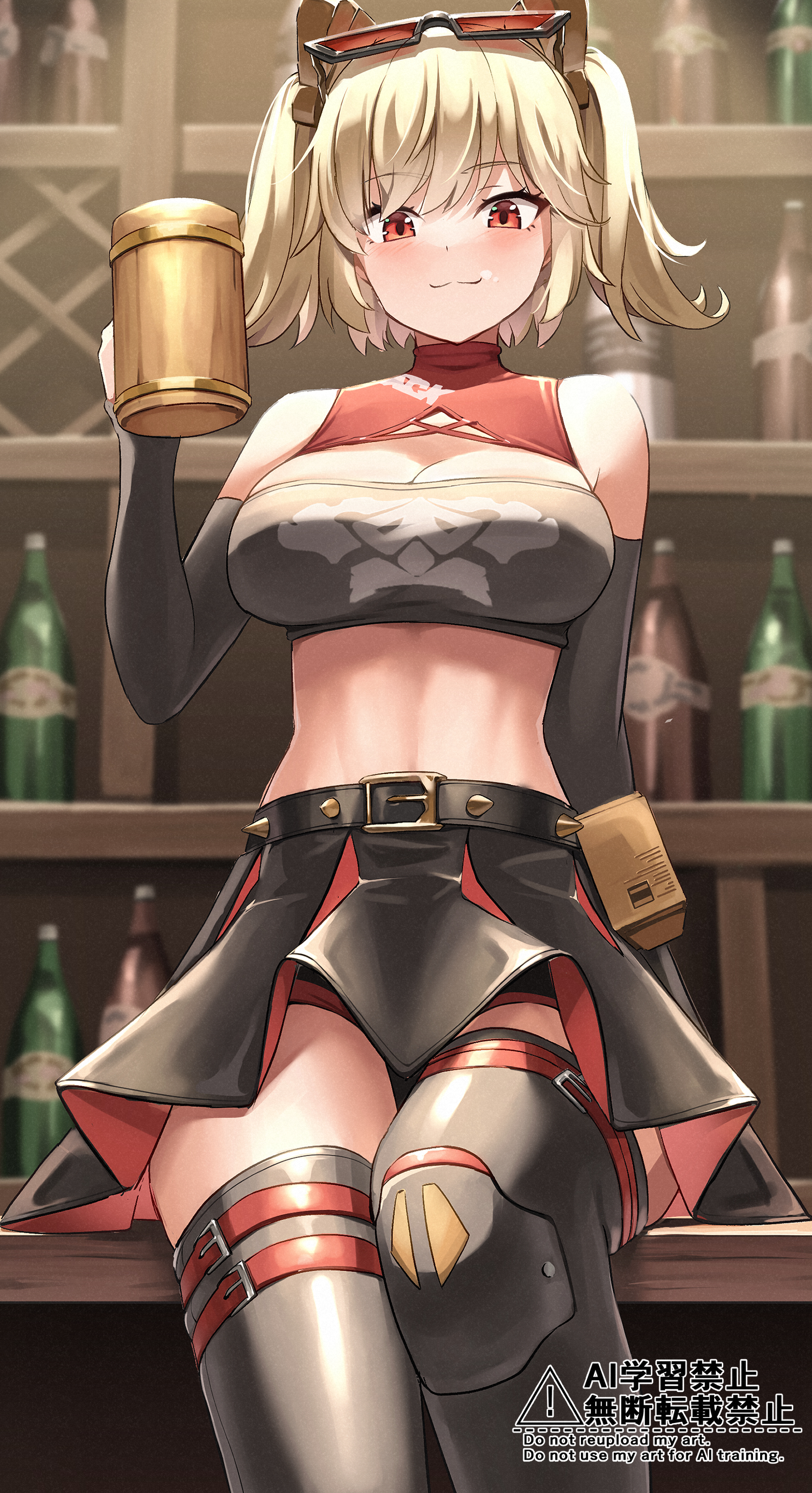 cyclone tarou, indra (szzupiopi), burnice white, zenless zone zero, absurdres, commentary request, highres, revision, 1girl, :3, bar (place), bare shoulders, belted skirt, black skirt, black sleeves, black thighhighs, black tube top, blonde hair, blurry, blurry background, bottle, breasts, canister, cleavage, closed eyes, cup, detached sleeves, eyewear on head, holding, holding cup, indoors, large breasts, looking at viewer, midriff, no jacket, red-tinted eyewear, red eyes, short twintails, shorts, shorts under skirt, skirt, solo, spiked belt, strapless, sunglasses, thighhighs, thighs, tinted eyewear, tube top, twintails