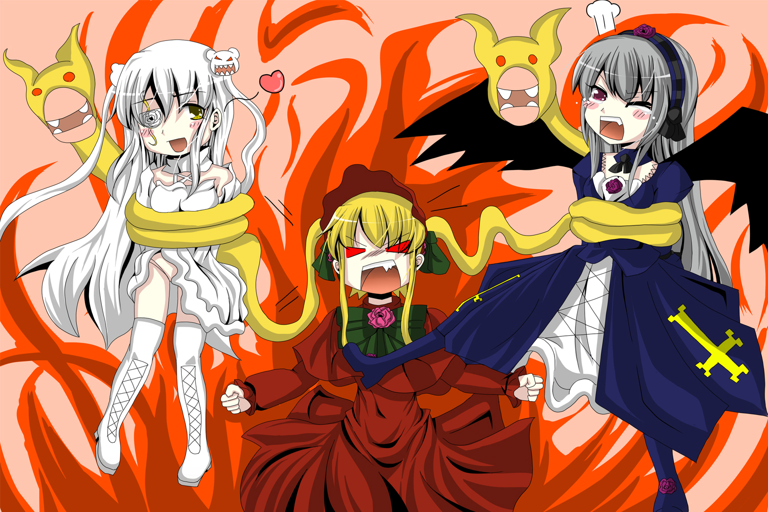 kirakishou, shinku, suigintou, rozen maiden, 00s, angry, dress, fire, flower, long hair, red eyes, rose, wings