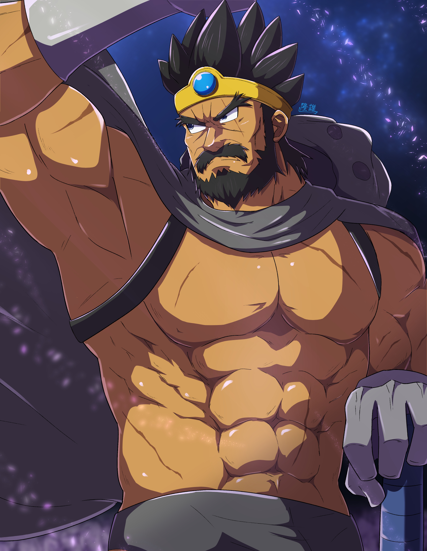 zeff ozaki, dragon quest, dragon quest iii, commentary request, highres, 1boy, abs, arm up, beard, black facial hair, blue eyes, blue gemstone, cape, circlet, dark-skinned male, dark skin, facial hair, gem, gloves, gold circlet, grey cape, grey gloves, looking to the side, male focus, mature male, muscular, muscular male, ortega (dq3), scar, scar across eye, scar on chest, scar on face, solo, spiked hair, topless male, upper body