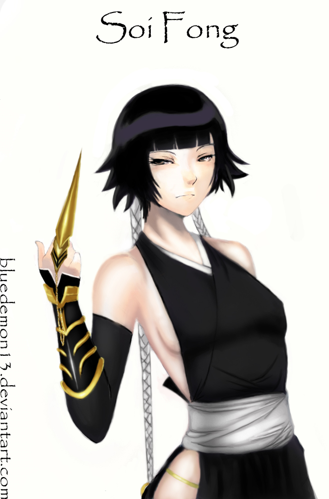 bluedemon13, sui-feng, bleach, bad source, self-upload, 00s, 1girl, black hair, braid, brown eyes, female focus, gloves, short hair with long locks, solo, suzumebachi (shikai), twin braids, twintails, watermark