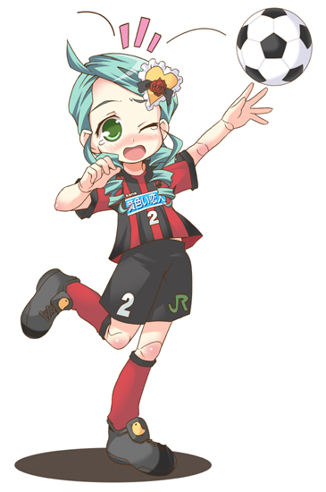 kanaria, rozen maiden, 1girl, alternate costume, aqua hair, ball, cosplay, doll joints, female focus, full body, green eyes, green hair, joints, matching hair/eyes, one eye closed, soccer ball, solo, standing, tears, telstar