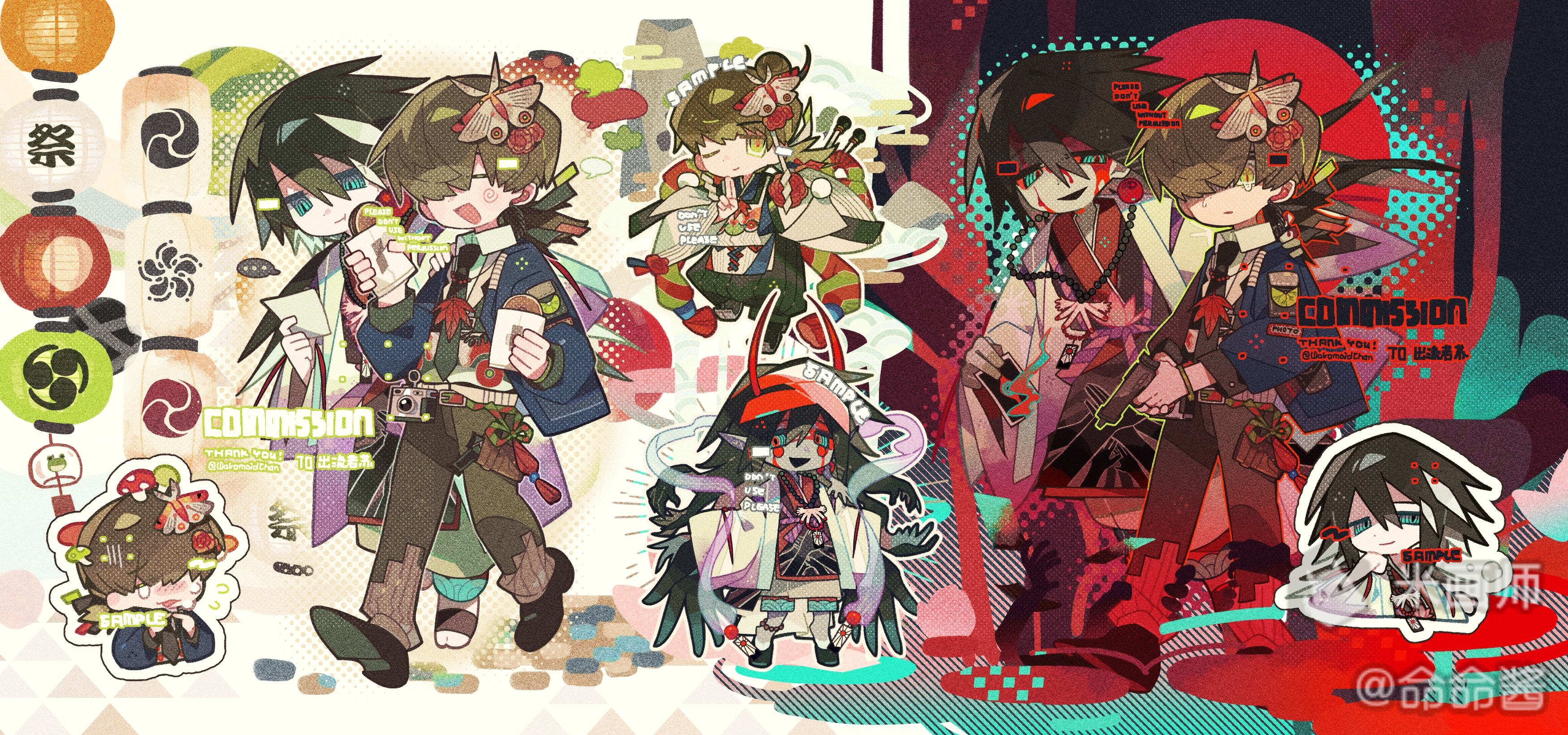 meimei (wakamoid), original, absurdres, commission, highres, …, 2boys, :d, black hair, black necktie, black shoes, blue jacket, brown sweater, chibi, closed eyes, closed mouth, double-parted bangs, food, full body, green eyes, green hair, green pants, gun, hair between eyes, holding, holding food, holding gun, holding weapon, jacket, lantern, long sleeves, male focus, mihuashi username, multiple boys, multiple views, necktie, open clothes, open jacket, open mouth, pants, shoes, short hair, smile, spoken ellipsis, standing, sweater, thank you, twitter username, weapon, wing collar