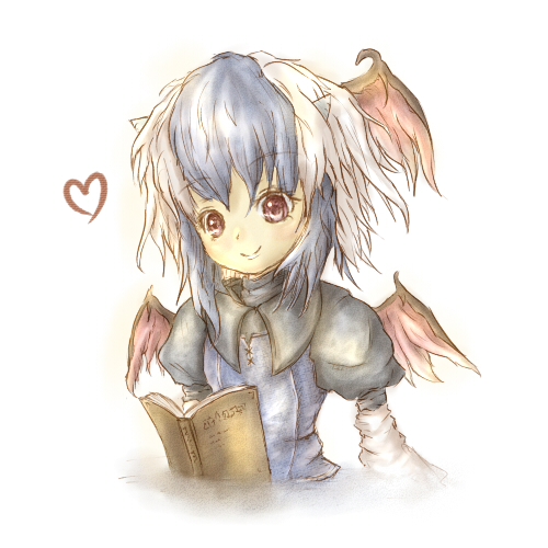 amano jack, tokiko (touhou), curiosities of lotus asia, touhou, bad id, bad pixiv id, lowres, 1girl, book, female focus, head wings, horns, multicolored hair, red eyes, short hair, smile, solo, upper body, white background, wings