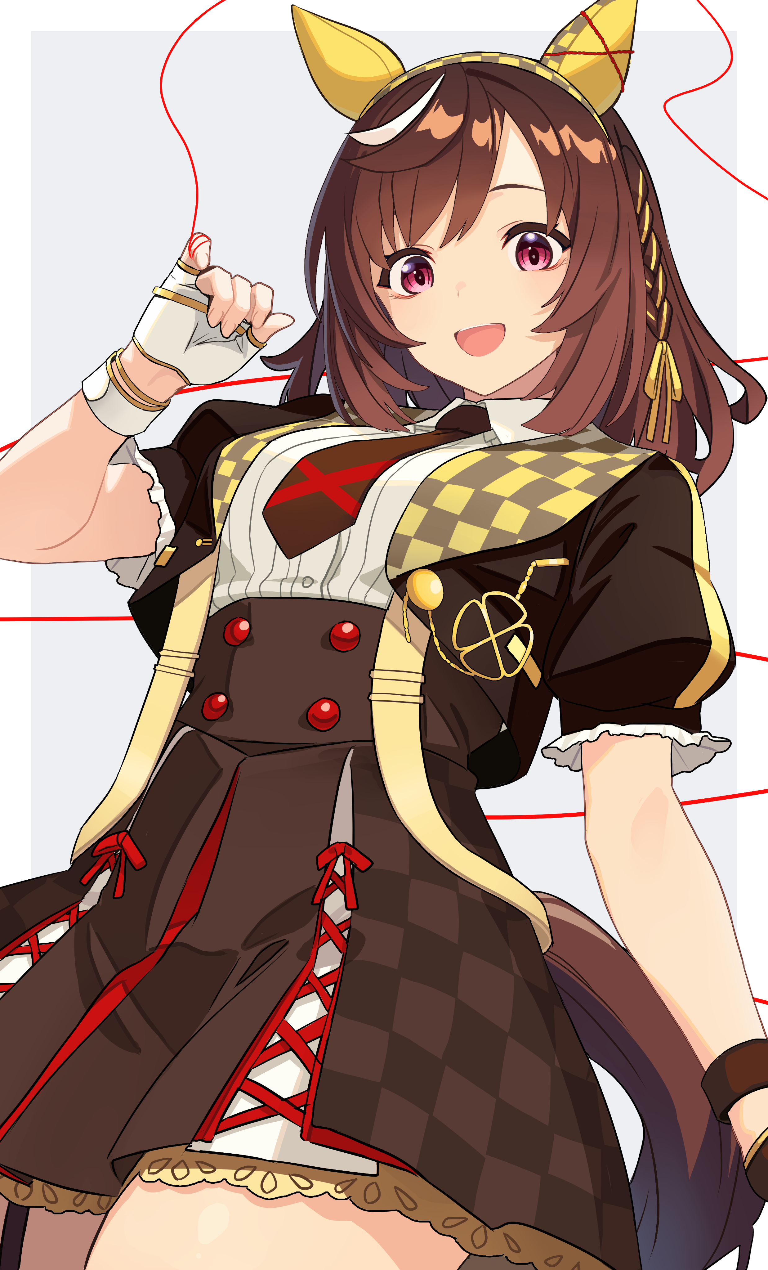 reibun (raven1119), buena vista (heroina inocente) (umamusume), buena vista (umamusume), umamusume, absurdres, highres, 1girl, animal ears, black dress, black jacket, blush, braid, breasts, brown hair, checkered collar, checkered hairband, dress, ear covers, fingerless gloves, frilled dress, frills, gloves, hair between eyes, hair ornament, hairband, headband, horse ears, horse girl, horse tail, jacket, looking at viewer, medium breasts, medium hair, necktie, open mouth, purple eyes, red eyes, shirt, short hair, short sleeves, skirt, smile, solo, string, string of fate, tail, white gloves, white shirt