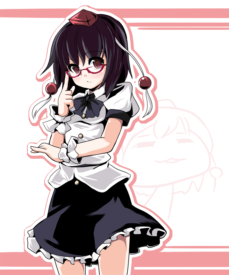 fa no hito, shameimaru aya, touhou, 1girl, adjusting eyewear, bespectacled, black hair, blush, cuffs, expressionless, female focus, glasses, hat, looking at viewer, red eyes, ribbon, short hair, skirt, solo, tokin hat, wrist cuffs, yukkuri shiteitte ne