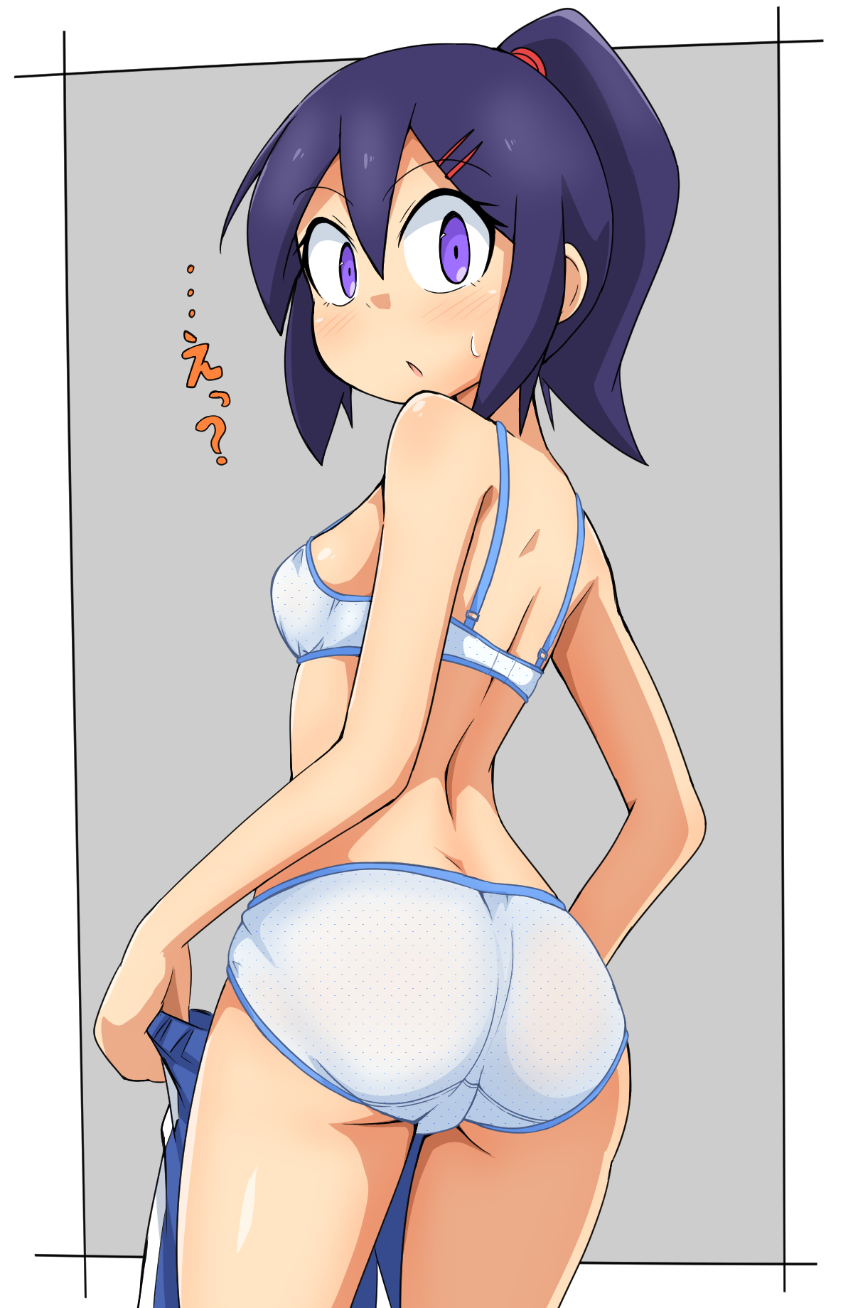 azi hune, original, 1girl, ass, black hair, blush, bra, breasts, from behind, grey background, hair ornament, hairclip, holding, holding unworn clothes, long hair, looking at viewer, looking back, open mouth, panties, polka dot, polka dot bra, polka dot panties, ponytail, purple eyes, sidelocks, small breasts, standing, surprised, sweat, underwear, white bra, white panties