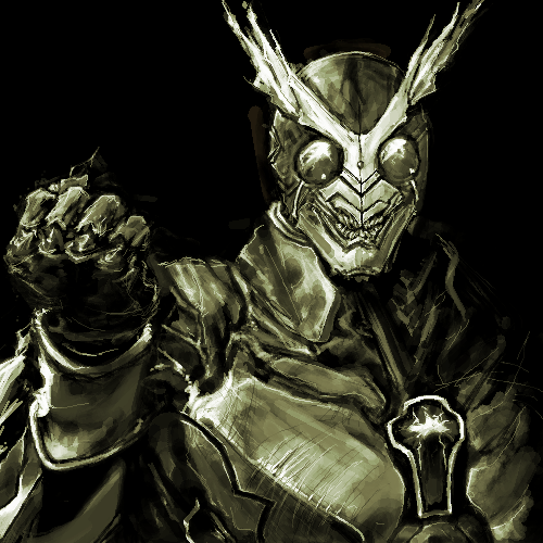 shudojousuki, another agito, kamen rider, kamen rider agito (series), lowres, 1boy, black background, bodysuit, clenched hand, helmet, looking at viewer, male focus, simple background, solo, upper body