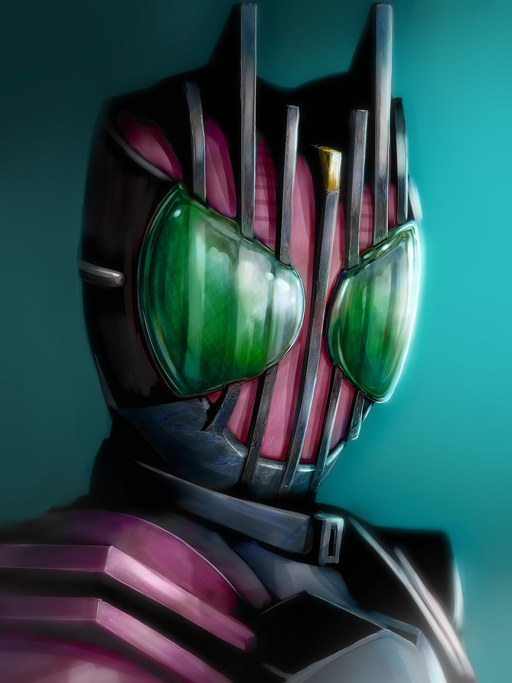 isobe toast, kamen rider decade, kamen rider, kamen rider dcd, highres, 1boy, bodysuit, green background, green eyes, helmet, looking at viewer, male focus, portrait, simple background, solo, upper body