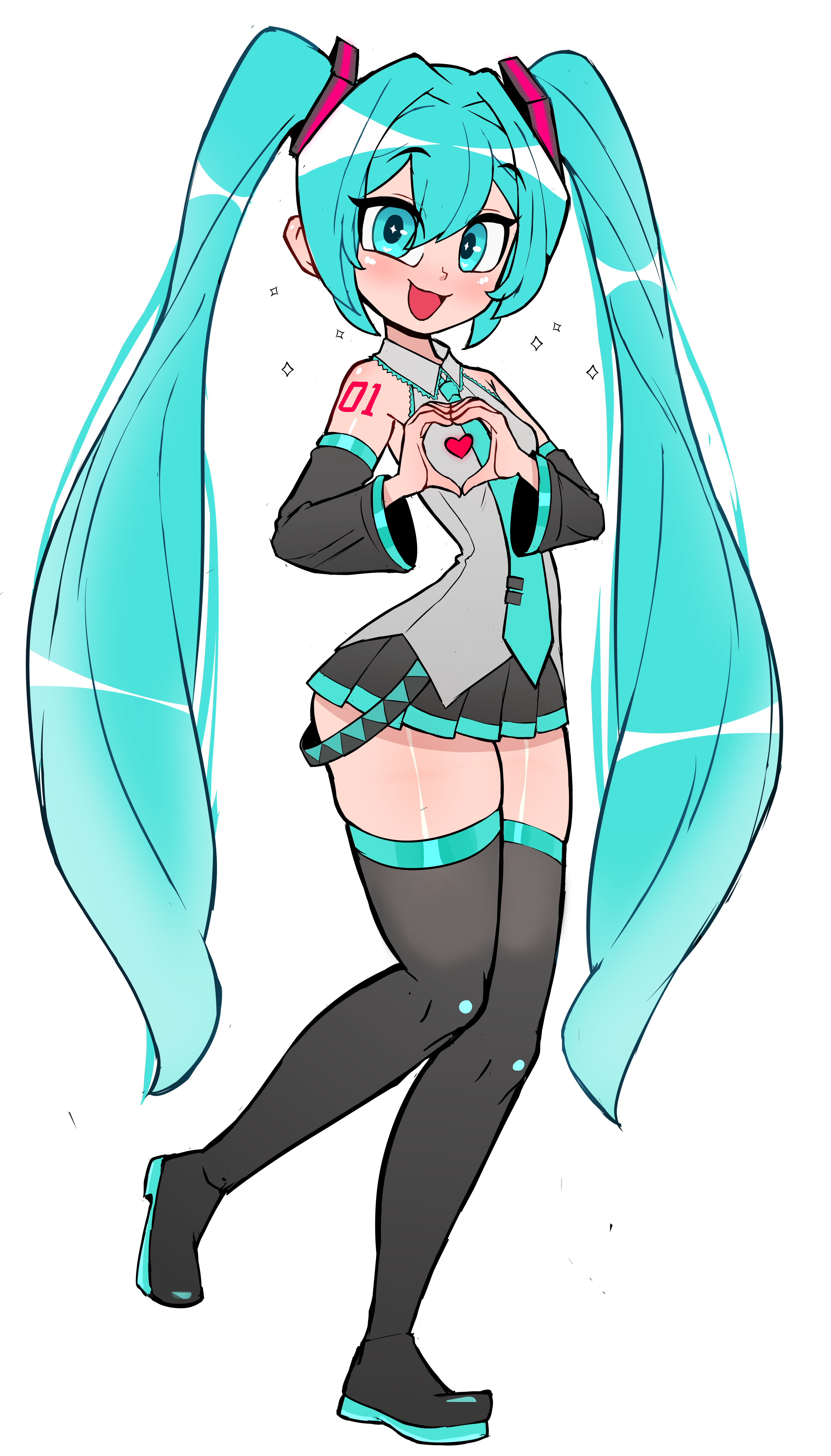 rukisan(pixiv), hatsune miku, vocaloid, 1girl, :3, arm tattoo, black boots, black skirt, blue eyes, blue hair, blue necktie, blush, boots, breasts, detached sleeves, grey shirt, hair ornament, heart, heart hands, long hair, long sleeves, looking at viewer, necktie, open mouth, shirt, shoulder tattoo, skirt, sleeveless, sleeveless shirt, small breasts, smile, sparkle, sparkling eyes, standing, standing on one leg, tattoo, thick thighs, thigh boots, thighs, tie clip, twintails, white background, wide sleeves