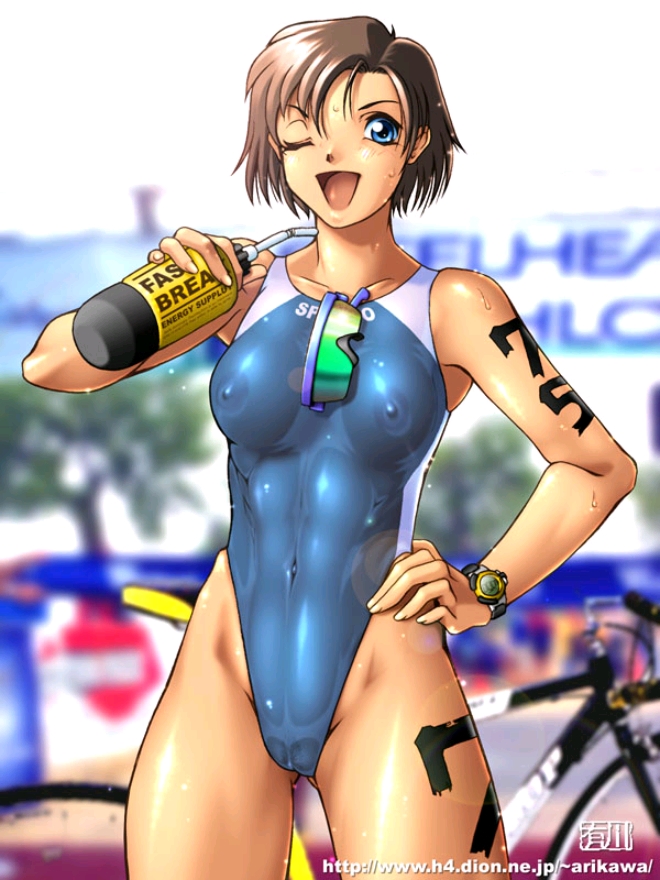 qkat (arikawa-dou), non-web source, 1girl, abs, bicycle, blue eyes, bottle, breasts, brown hair, cameltoe, competition swimsuit, covered erect nipples, female focus, female pubic hair, hand on own hip, highleg, highleg one-piece swimsuit, hip focus, medium breasts, muscular, nipples, one-piece swimsuit, one eye closed, pubic hair, pussy, see-through clothes, short hair, skin tight, sky, solo, sports sunglasses, sunglasses, sweat, swimsuit, watch, water bottle, wet, white sky, wink, wristwatch