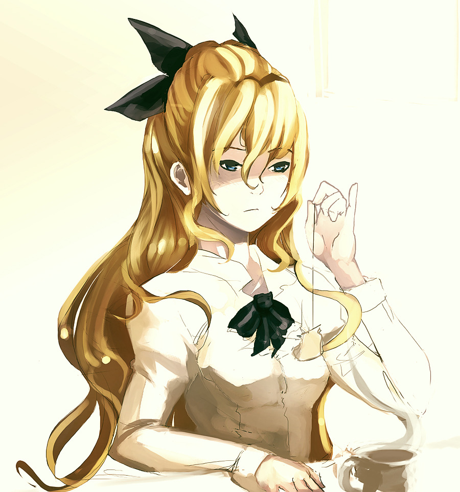lion-san, satou lilly, katawa shoujo, 10s, 1girl, blind, blonde hair, blue eyes, female focus, gradient background, long hair, school uniform, sketch, solo, tea