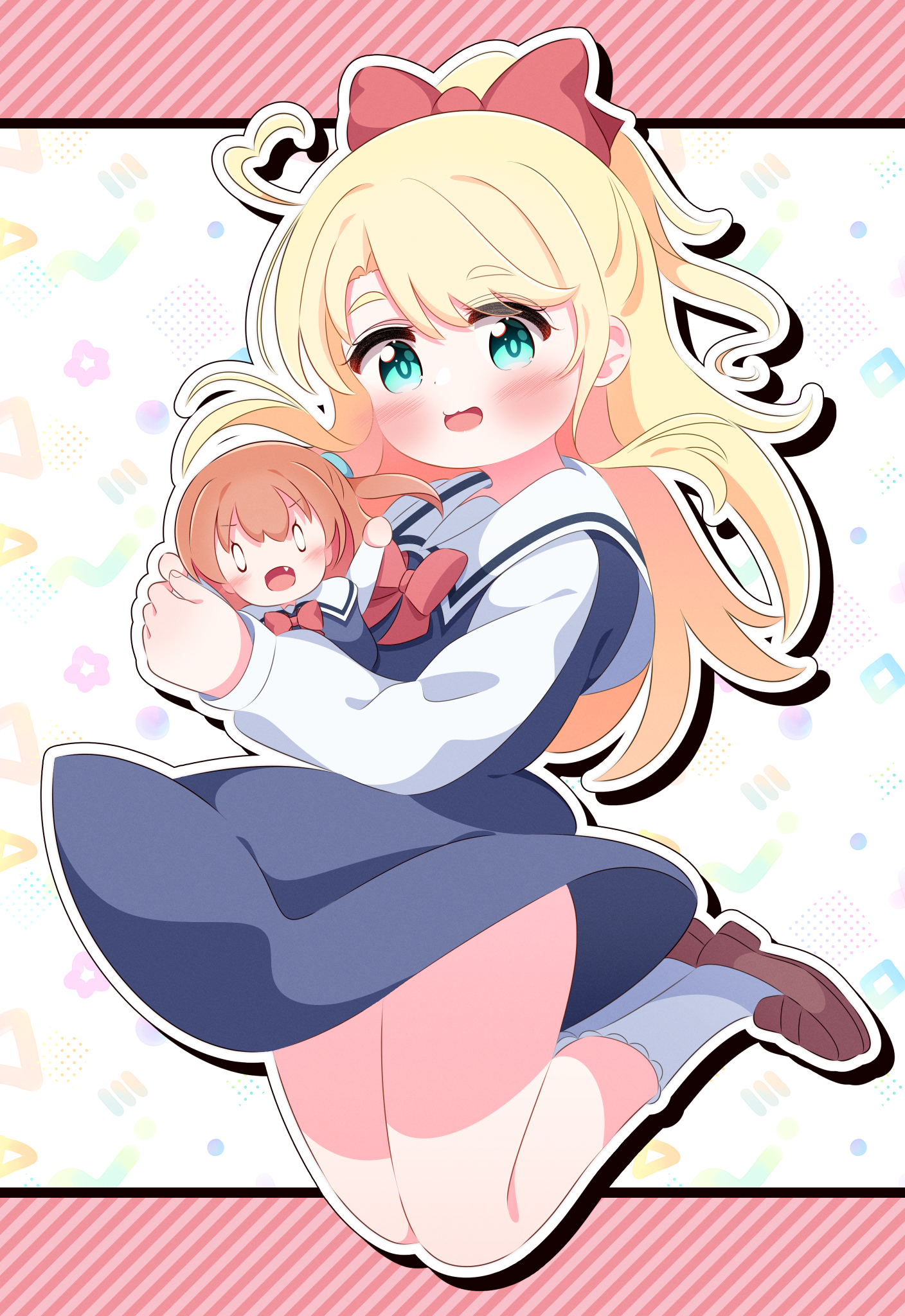 r245, himesaka noa, hoshino hinata, watashi ni tenshi ga maiorita!, 1girl, :3, ahoge, aqua eyes, blonde hair, blue dress, blush, bow, bowtie, brown shoes, character doll, doll, dress, eyes visible through hair, hair bow, heart, heart ahoge, high ponytail, holding, holding stuffed toy, jumping, lace-trimmed socks, lace trim, long hair, long sleeves, looking at viewer, open mouth, ponytail, red bow, red bowtie, school uniform, shirt, shoes, sleeveless, sleeveless dress, smile, socks, stuffed animal, stuffed toy, white background, white shirt, white socks, wind, wind lift