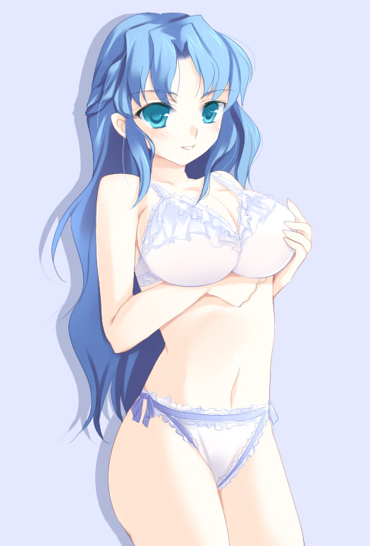rulue (puyopuyo), compile, madou monogatari, puyopuyo, non-web source, 1girl, blue eyes, blue hair, bra, breasts, female focus, huge breasts, lingerie, long hair, matching hair/eyes, panties, solo, underwear, underwear only