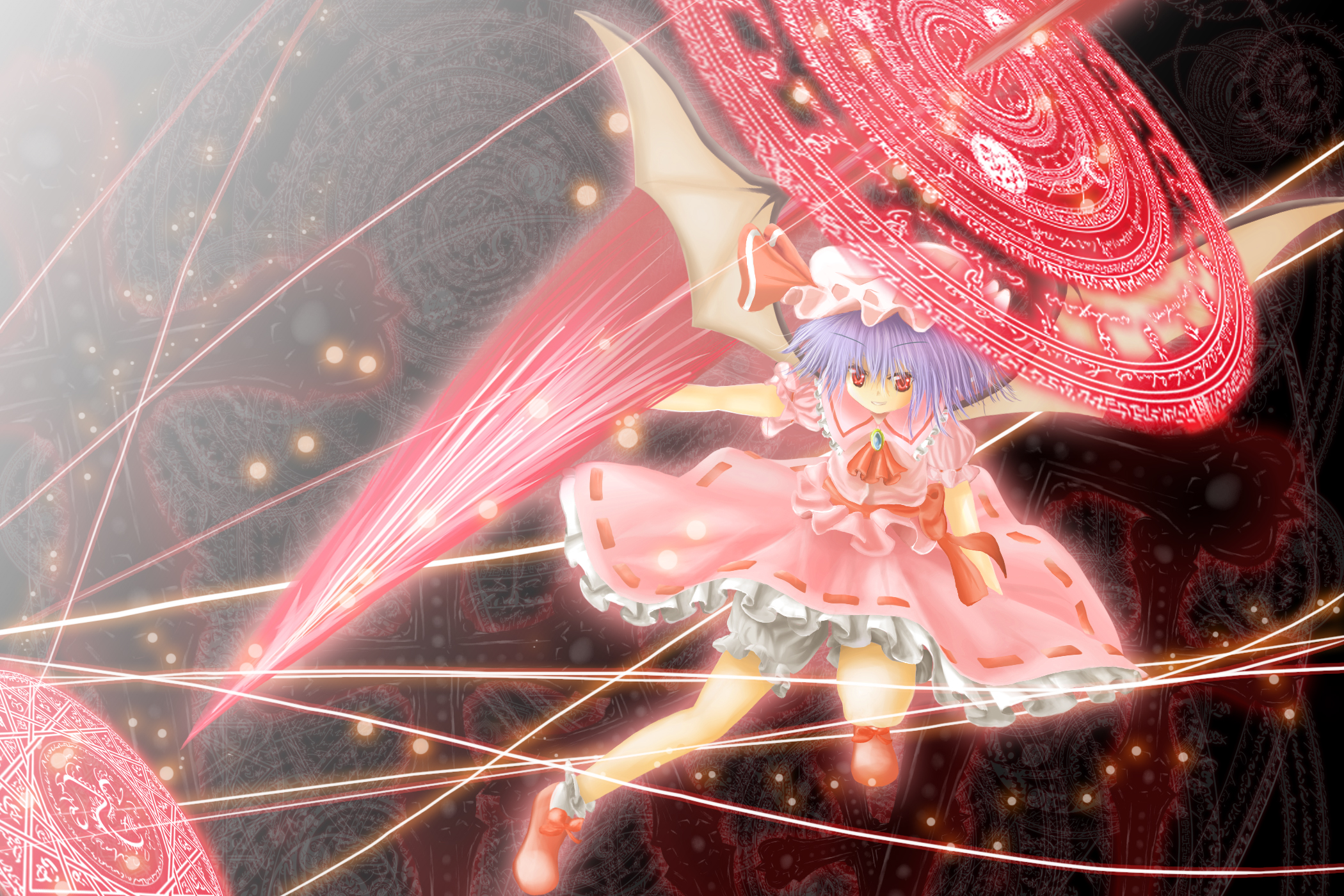 passerby, remilia scarlet, touhou, highres, 1girl, bat wings, female focus, full body, magic circle, polearm, solo, spear, spear the gungnir, weapon, wings