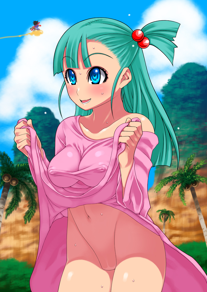 hachi menou, bulma, flying nimbus, son goku, dragon ball, 1boy, 1girl, aqua hair, blue eyes, blue hair, blush, breasts, clothes lift, cloud, coconut, covered erect nipples, day, dress, dress lift, hair bobbles, hair ornament, large breasts, long hair, nature, no panties, no pussy, off shoulder, pajamas, palm tree, side ponytail, skirt, skirt lift, sky, sweat, tree