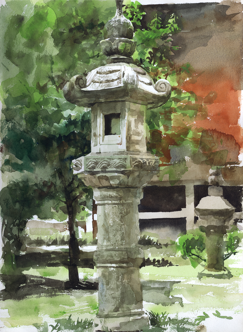 misawa hiroshi, original, highres, painting (medium), traditional media, watercolor (medium), scenery, shrine, stone lantern