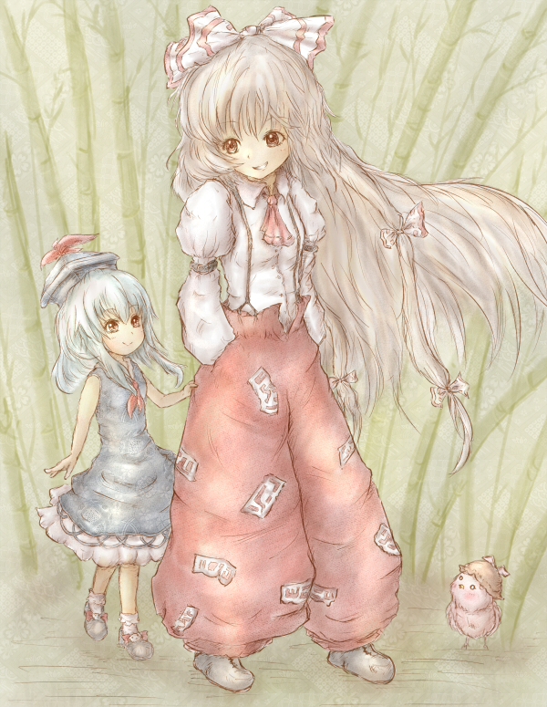 amano jack, fujiwara no mokou, kamishirasawa keine, mystia lorelei, mystia lorelei (bird), touhou, silver hair, bad id, bad pixiv id, 2girls, aged down, bird, blue hair, dress, female focus, hair ribbon, hat, long hair, multiple girls, ribbon, short hair, smile, suspenders