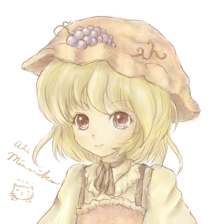 amano jack, aki minoriko, touhou, bad id, bad pixiv id, 1girl, blonde hair, character name, choker, female focus, food, fruit, grapes, hat, purple eyes, ribbon, short hair, smile, solo, white background