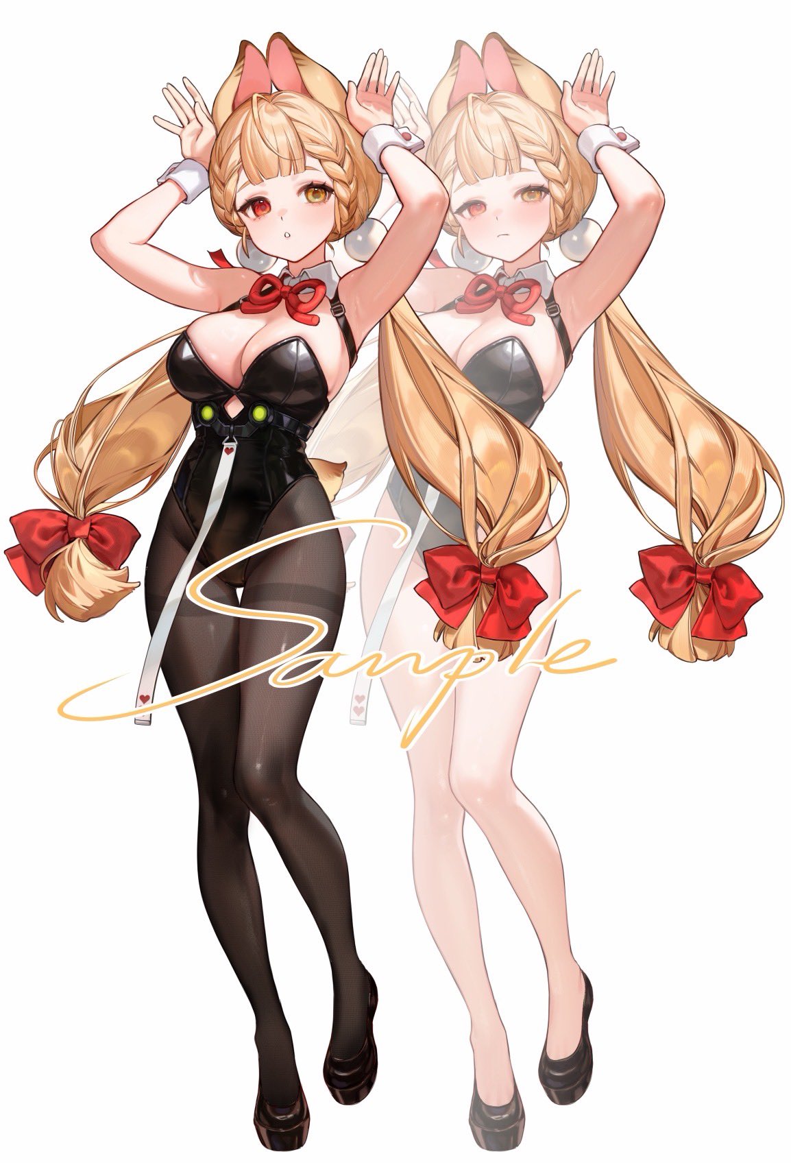 smilesmile1312, alice thymefield, zenless zone zero, highres, 1girl, alternate costume, animal ears, armpits, arms up, black leotard, black pantyhose, blonde hair, braid, braided twintails, breasts, closed mouth, clothing cutout, detached collar, hair ornament, heart cutout, heterochromia, large breasts, leotard, multiple views, pantyhose, rabbit ears, rabbit girl, red eyes, simple background, sphere hair ornament, strapless, strapless leotard, twintails, white background, wrist cuffs, yellow eyes