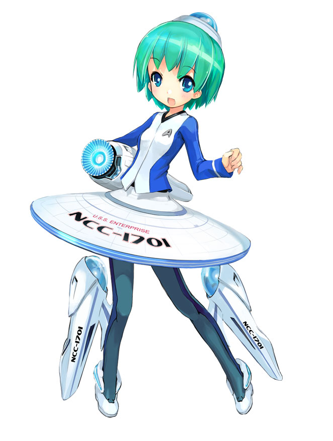 zeco, girl arms, star trek, 1girl, blue eyes, female focus, green hair, hat, mecha musume, pantyhose, personification, short hair, solo, uss enterprise (star trek)