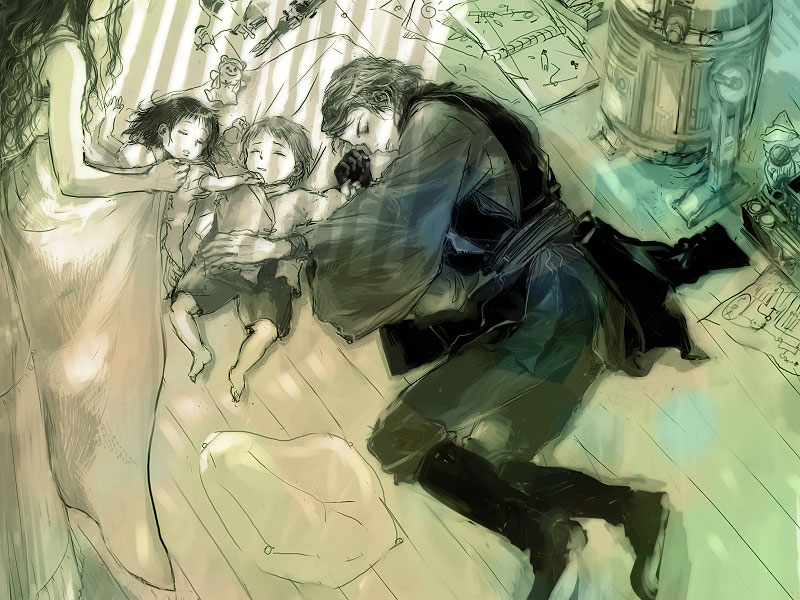 ni-co, niko (silent.whitesnow), anakin skywalker, astromech droid, luke skywalker, padme amidala, princess leia, r2-d2, star wars, bad id, bad pixiv id, 2boys, 2girls, alternate universe, blanket, brother and sister, family, family bonding, father and daughter, father and son, good end, lying, monochrome, mother and daughter, mother and son, multiple boys, multiple girls, on side, siblings, sketch, sleeping, time paradox