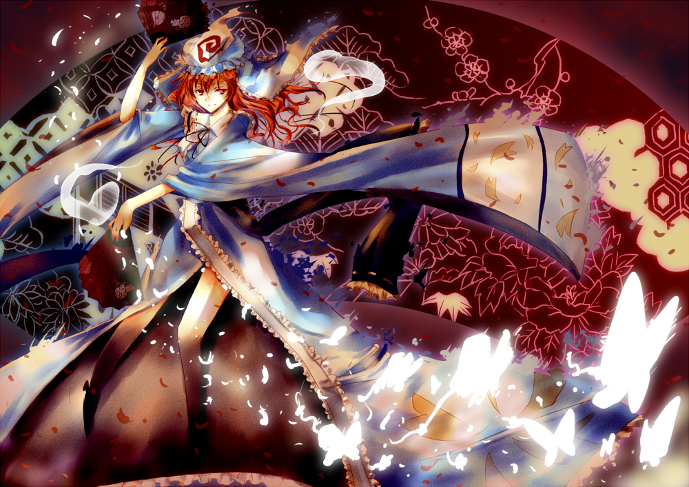 orimoto asami, saigyouji yuyuko, touhou, bad id, bad pixiv id, 1girl, bug, butterfly, dress, female focus, ghost, hand fan, hat, holding, holding fan, insect, mob cap, red eyes, red hair, solo