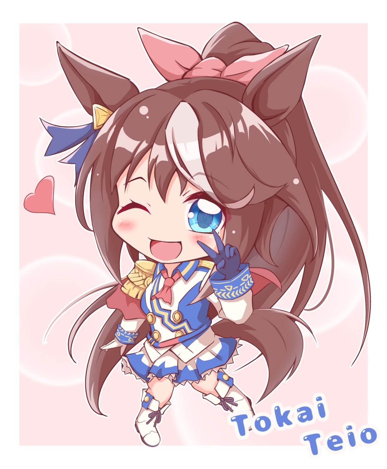mokichi3356, tokai teio (peak joy) (umamusume), tokai teio (umamusume), umamusume, commentary request, highres, 1girl, animal ears, ascot, asymmetrical gloves, blue eyes, blush, boots, bow, brown hair, buttons, cape, chibi, chibi only, double-breasted, ear bow, ear ornament, ear ribbon, epaulettes, gloves, hair between eyes, heart, high ponytail, horse ears, horse girl, horse tail, jacket, long hair, long sleeves, looking at viewer, mismatched gloves, multicolored hair, multicolored jacket, one eye closed, open mouth, pink ascot, ponytail, red cape, shirt, single epaulette, skirt, smile, solo, streaked hair, tail, two-tone hair, two-tone jacket, two-tone skirt, v, white boots, white gloves, white hair, white jacket, white skirt
