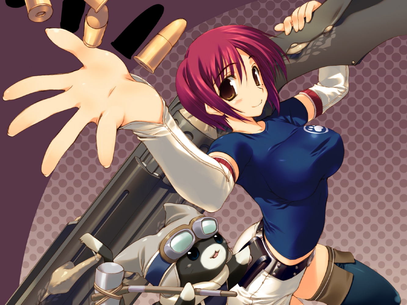 amazuyu tatsuki, non-web source, 1girl, breasts, brown eyes, bullet, detached sleeves, female focus, goggles, gun, huge weapon, large breasts, mallet, rabbit, red hair, shirt, short hair, shorts, solo, taut clothes, taut shirt, thighhighs, tight clothes, weapon