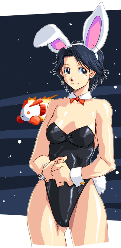 qkat (arikawa-dou), kitashirakawa kotomi, rabio, rabio lepus, 1girl, animal ears, bare legs, black eyes, black hair, fake animal ears, female focus, playboy bunny, rabbit ears, rocket, short hair, solo