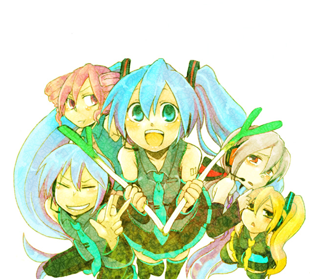 shinigami a, akita neru, hatsune miku, hatsune mikuo, kasane teto, kasane teto (utau), yowane haku, utau, vocaloid, silver hair, bad id, bad pixiv id, 1boy, 4girls, aqua eyes, aqua hair, blonde hair, breasts, crossover, detached sleeves, drill hair, genderswap, genderswap (ftm), headphones, headset, long hair, medium breasts, multiple girls, necktie, red eyes, red hair, short hair, side ponytail, skirt, smile, spring onion, tears, thighhighs, twintails, very long hair, zettai ryouiki
