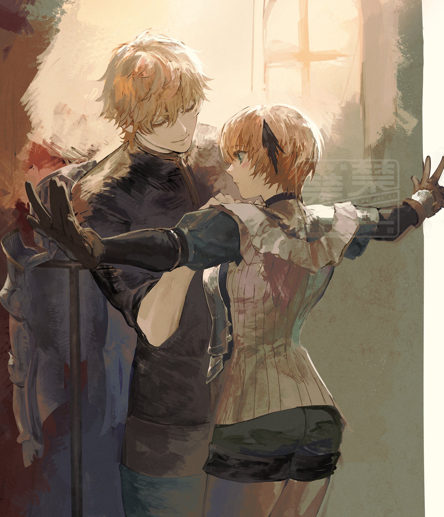 araya (hachino araya), gareth (fate), gareth (first ascension) (fate), gawain (fate), fate/grand order, fate (series), highres, 1boy, 1girl, armor, black shorts, blonde hair, breastplate, brother and sister, brown gloves, brown tunic, closed eyes, dressing another, gloves, green eyes, hair flaps, shorts, siblings, smile, tunic, watermark, window