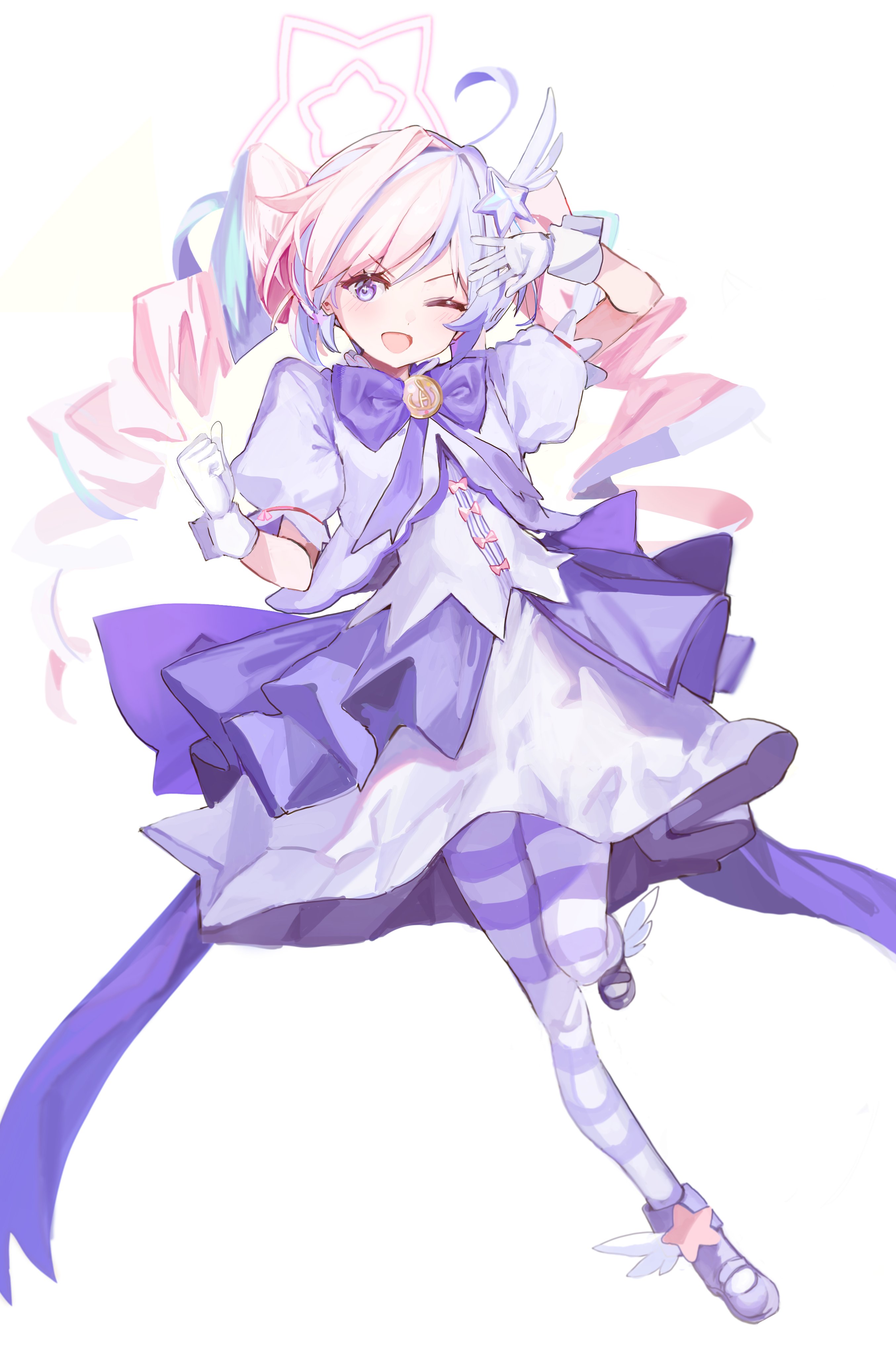 ggab0621, reisa (blue archive), reisa (magical) (blue archive), blue archive, absurdres, commentary request, highres, 1girl, ahoge, blush, bow, bowtie, breasts, brooch, dress, drill hair, feather hair ornament, feathers, full body, gloves, hair ornament, halo, jewelry, layered skirt, long hair, looking at viewer, multicolored hair, one eye closed, open mouth, pantyhose, pink hair, puffy short sleeves, puffy sleeves, purple eyes, purple hair, purple pantyhose, purple shirt, purple skirt, shirt, short sleeves, skirt, small breasts, smile, solo, star (symbol), star hair ornament, streaked hair, striped clothes, striped pantyhose, twin drills, twintails, white dress, white gloves, white pantyhose, wrist cuffs