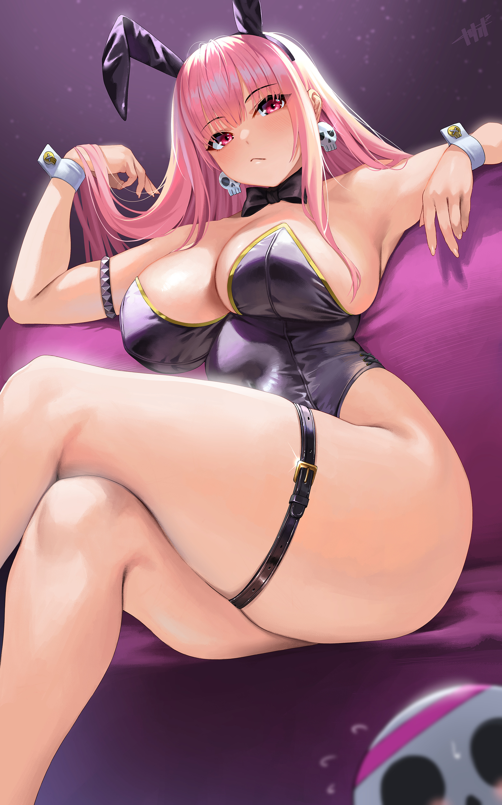 kisaragi tsurugi, mori calliope, hololive, hololive english, absurdres, commentary, highres, symbol-only commentary, variant set, 1girl, animal ears, armpits, bare arms, bare shoulders, black bow, black bowtie, black leotard, blush, bow, bowtie, breasts, closed mouth, crossed legs, earrings, fake animal ears, feet out of frame, highleg, highleg leotard, jewelry, large breasts, leotard, long hair, looking at viewer, pink eyes, playboy bunny, rabbit ears, sitting, skull earrings, solo, thick thighs, thigh strap, thighs, virtual youtuber, wrist cuffs